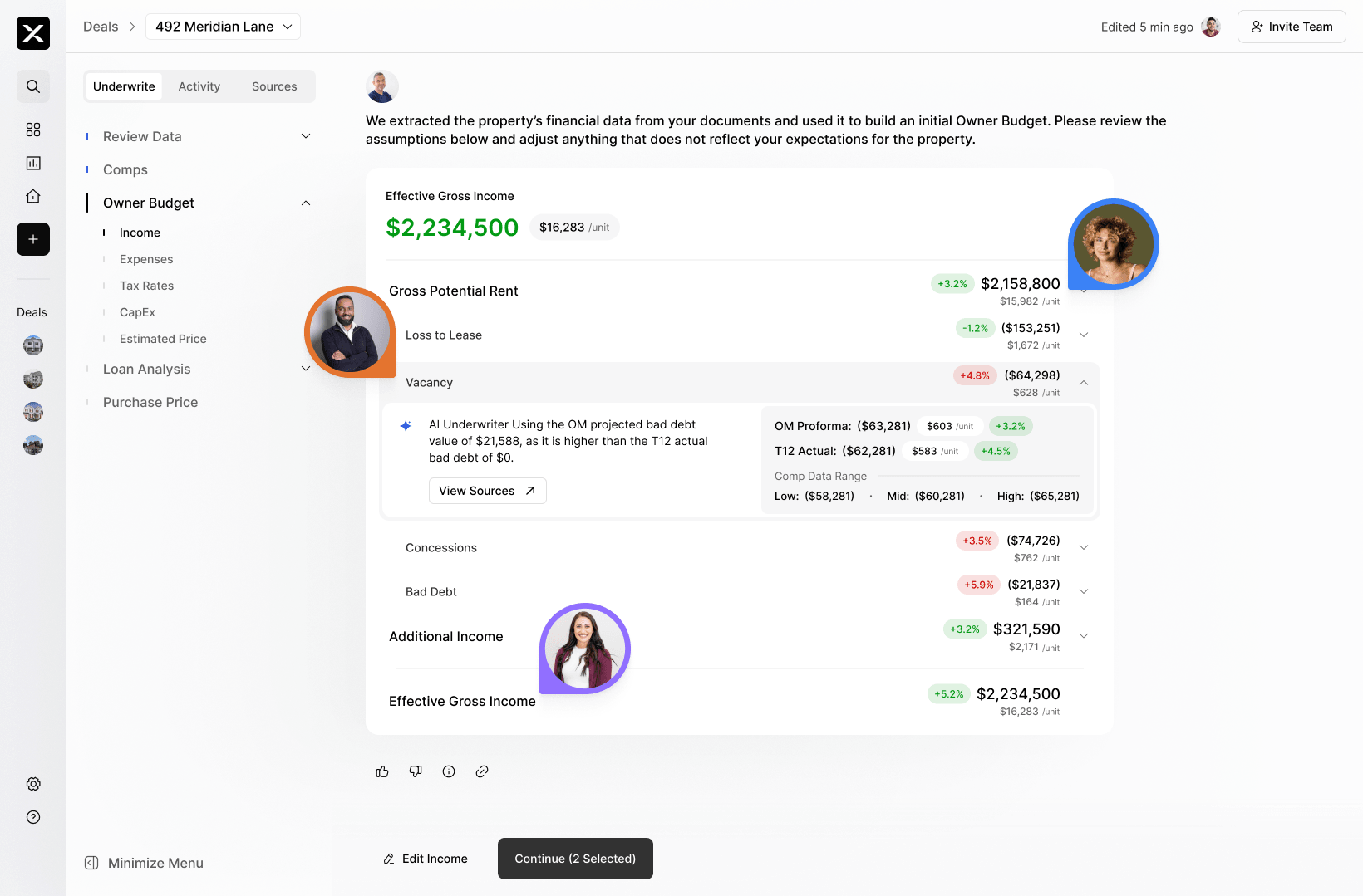 NOAL shared deal workspace with a live owner's budget the whole team edits in real time